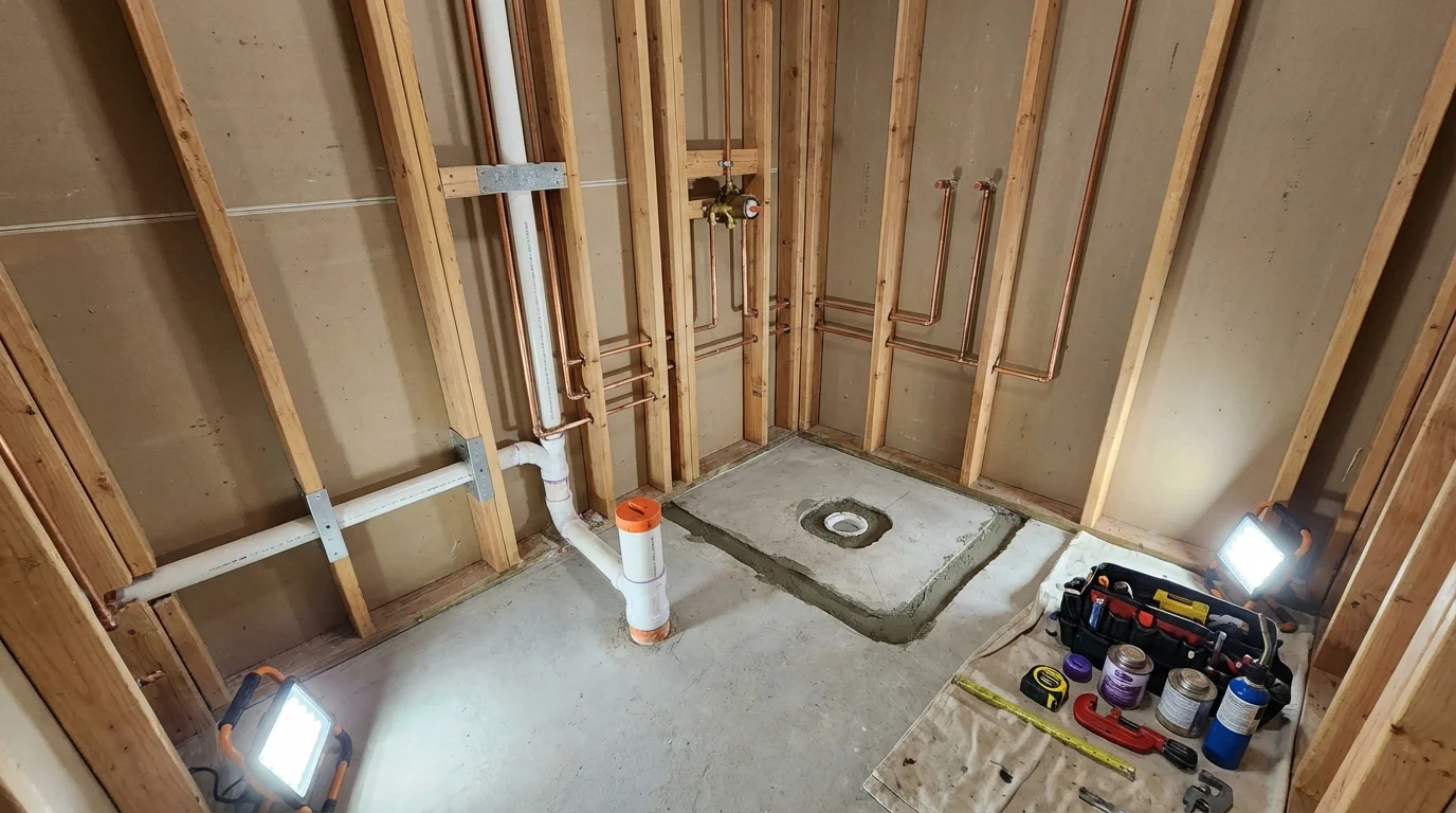 Bathroom rough-in plumbing during remodel by Johns Plumbing LLC in Wedowee