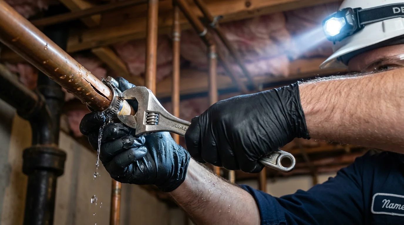 Emergency pipe clamp repair being performed by a Johns Plumbing LLC plumber in Wedowee