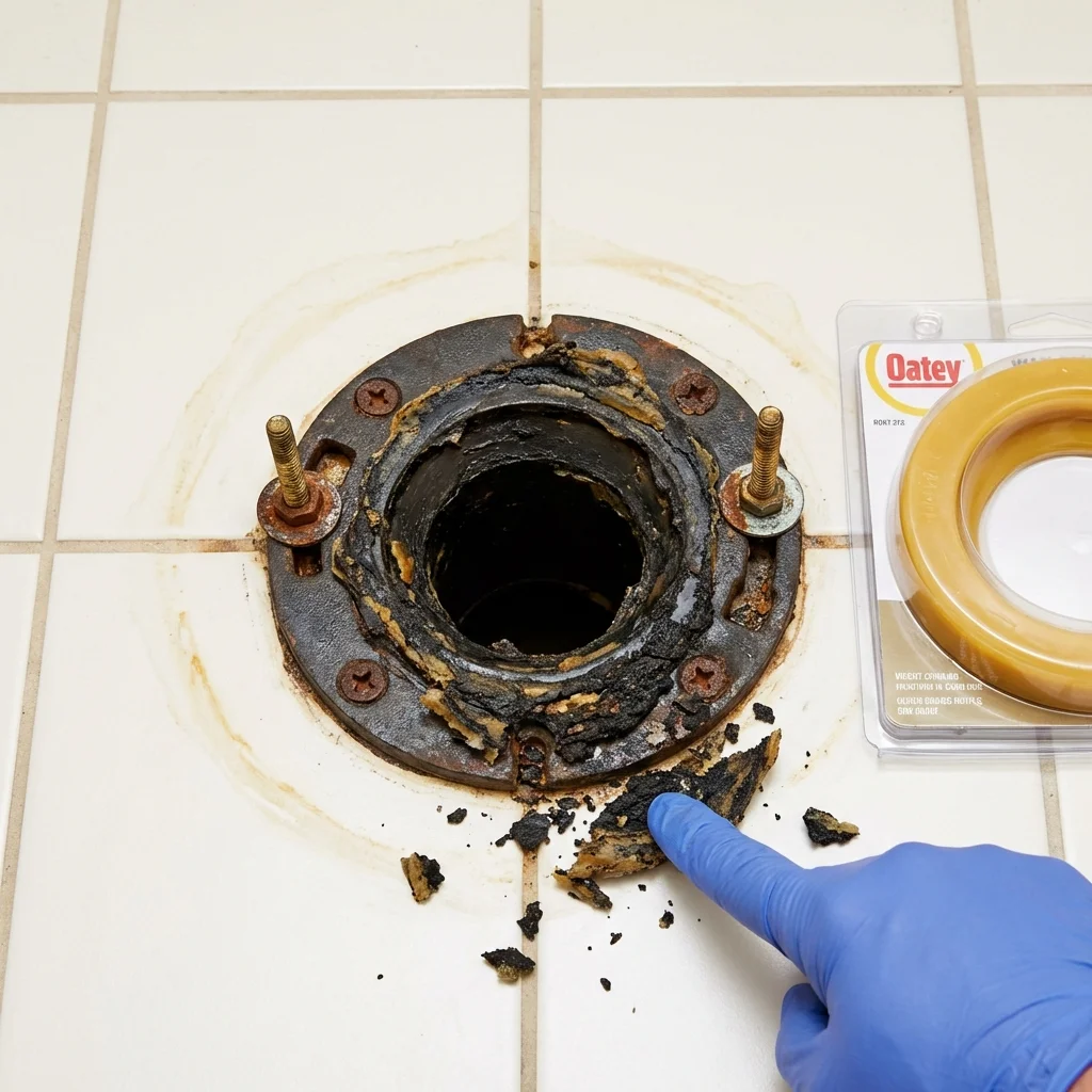 Failed wax ring showing water seepage at the base of a toilet in a Wedowee, AL home
